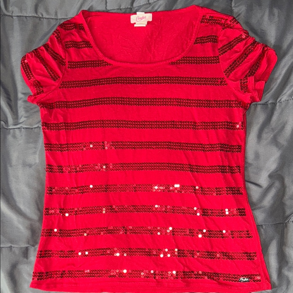 Candie's Red Sequin Striped Short Sleeve Top